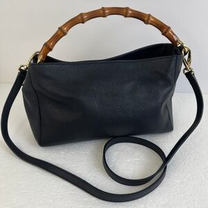 Mark & Graham Elisabetta Crossbody Bag Bamboo Handle Navy Pebble Leather Italy